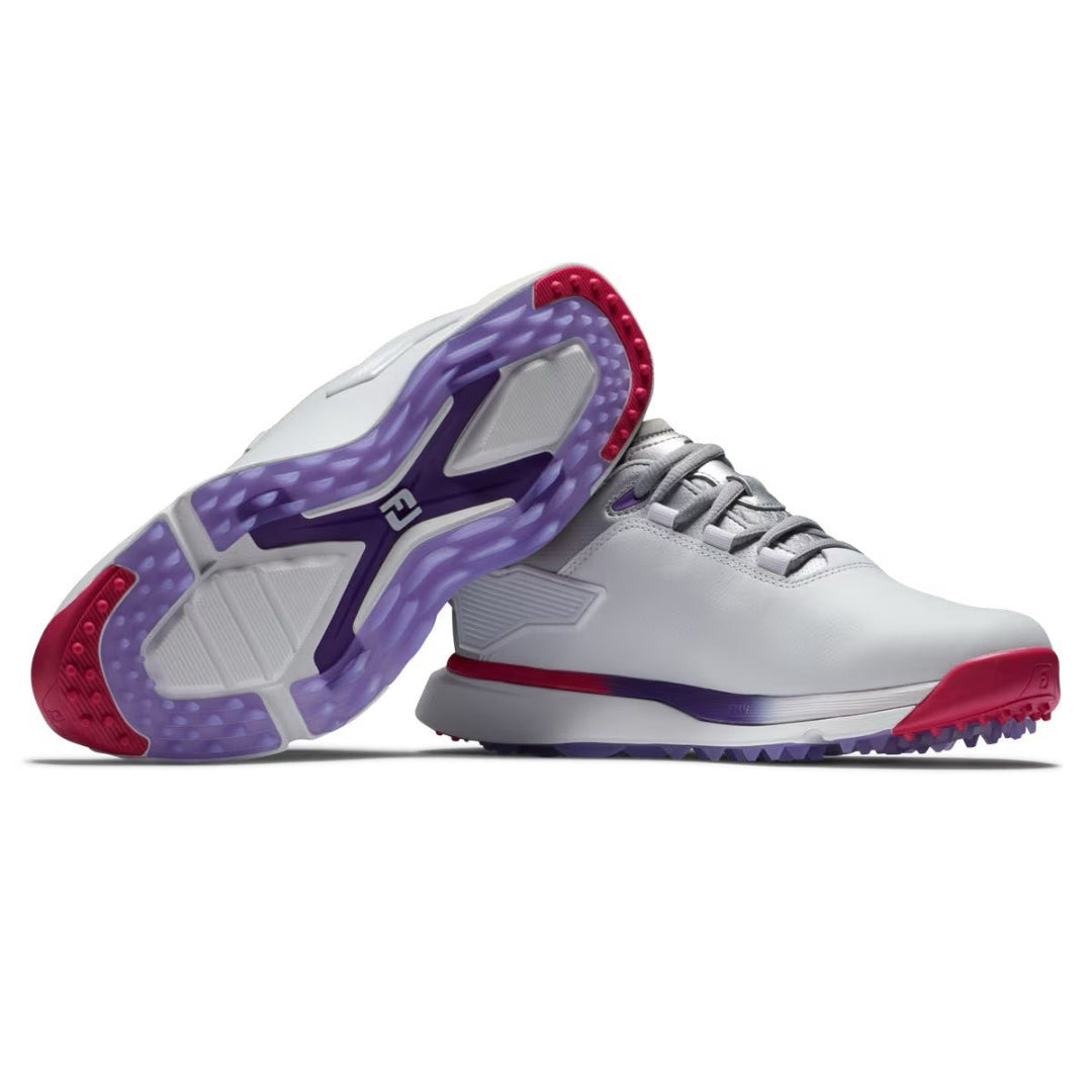 Footjoy Womens Pro SLX Spikless Golf Shoe Wide in White, Purple and Pink