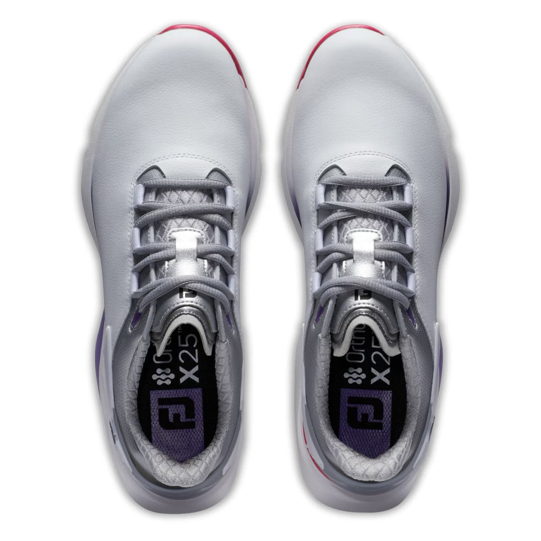Footjoy Womens Pro SLX Spikless Golf Shoe Wide in White, Purple and Pink