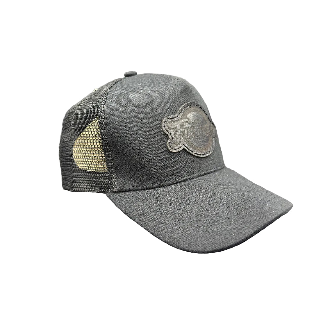 Black mesh cap with a logo on a white background