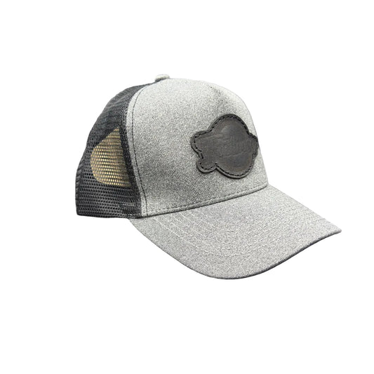 Gray and black trucker cap with mesh back on a white background