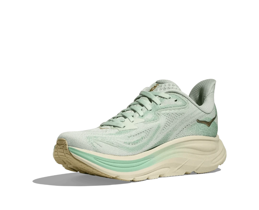 Hoka Women's Clifton 10 - SJD Running Shoes in Mint Green and Gold